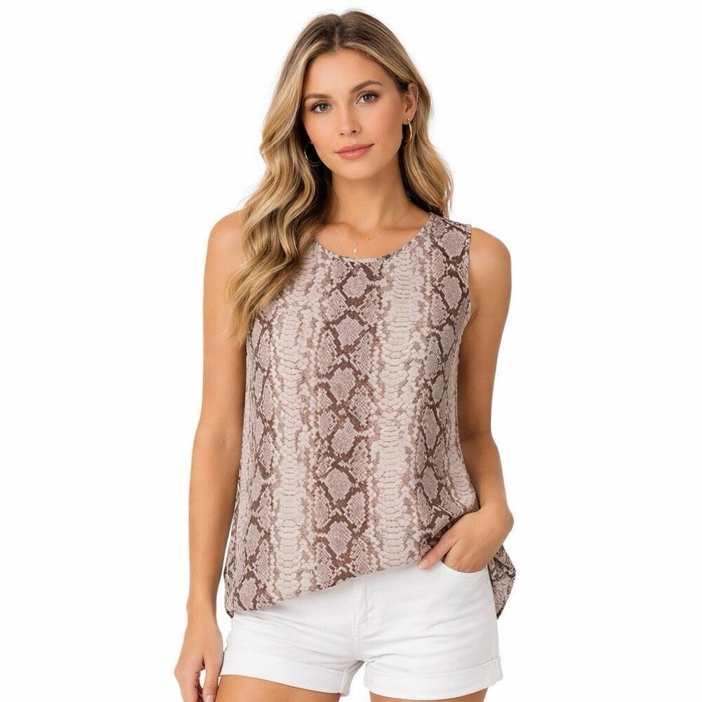 Equipment Blouse Womens Medium Brown Snake Print Round Neck Sleeveless Silk Top